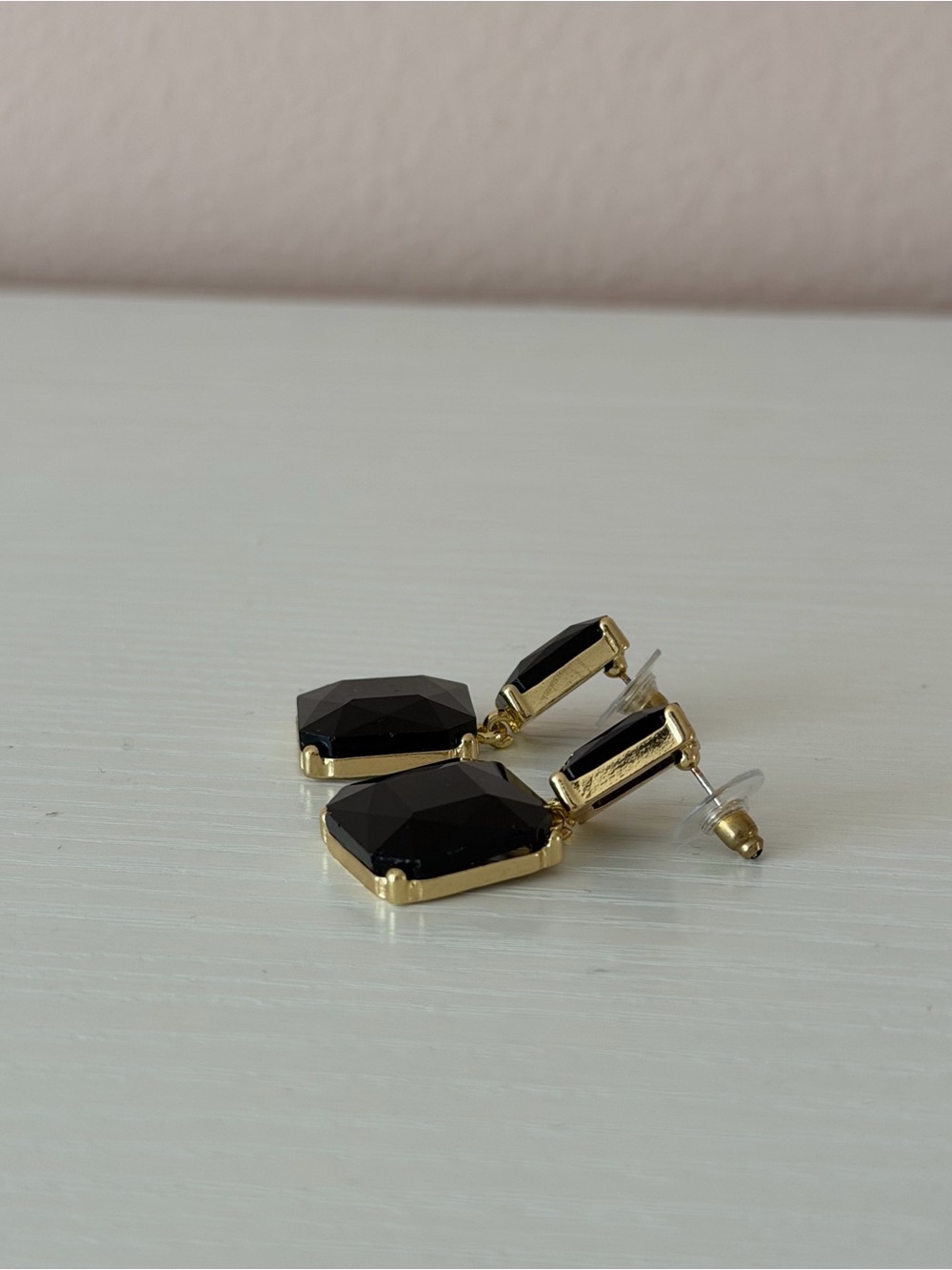 Gold Tone & Black Faceted Gemstone Two-Tier Drop Earrings
